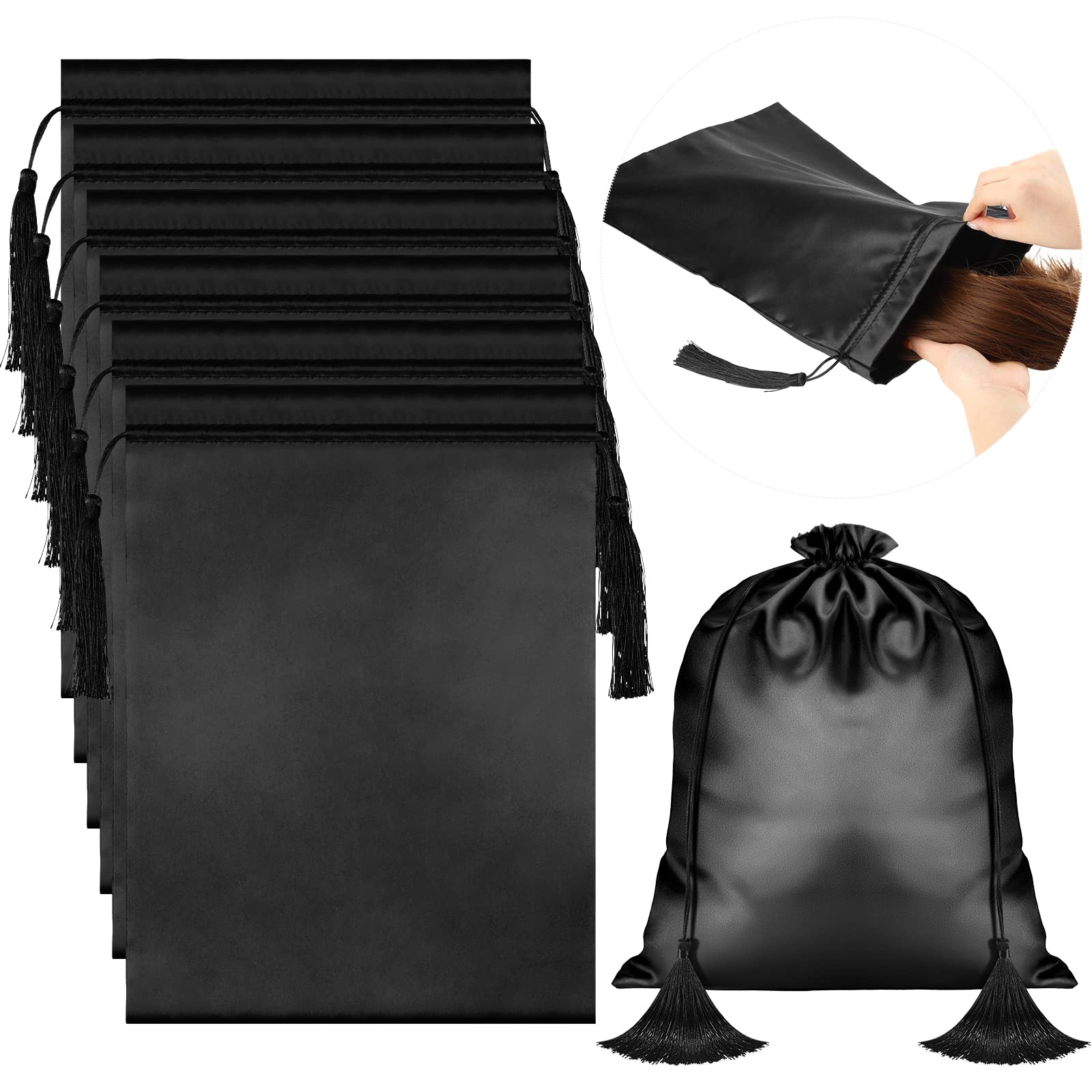 Shappy 6 Pieces Silk Satin Wig Bag Black Hair Bags with Drawstring Tassel Stuff Satin Black Gift Travel Storage for Packaging Bundles Extension Home Salon Travel