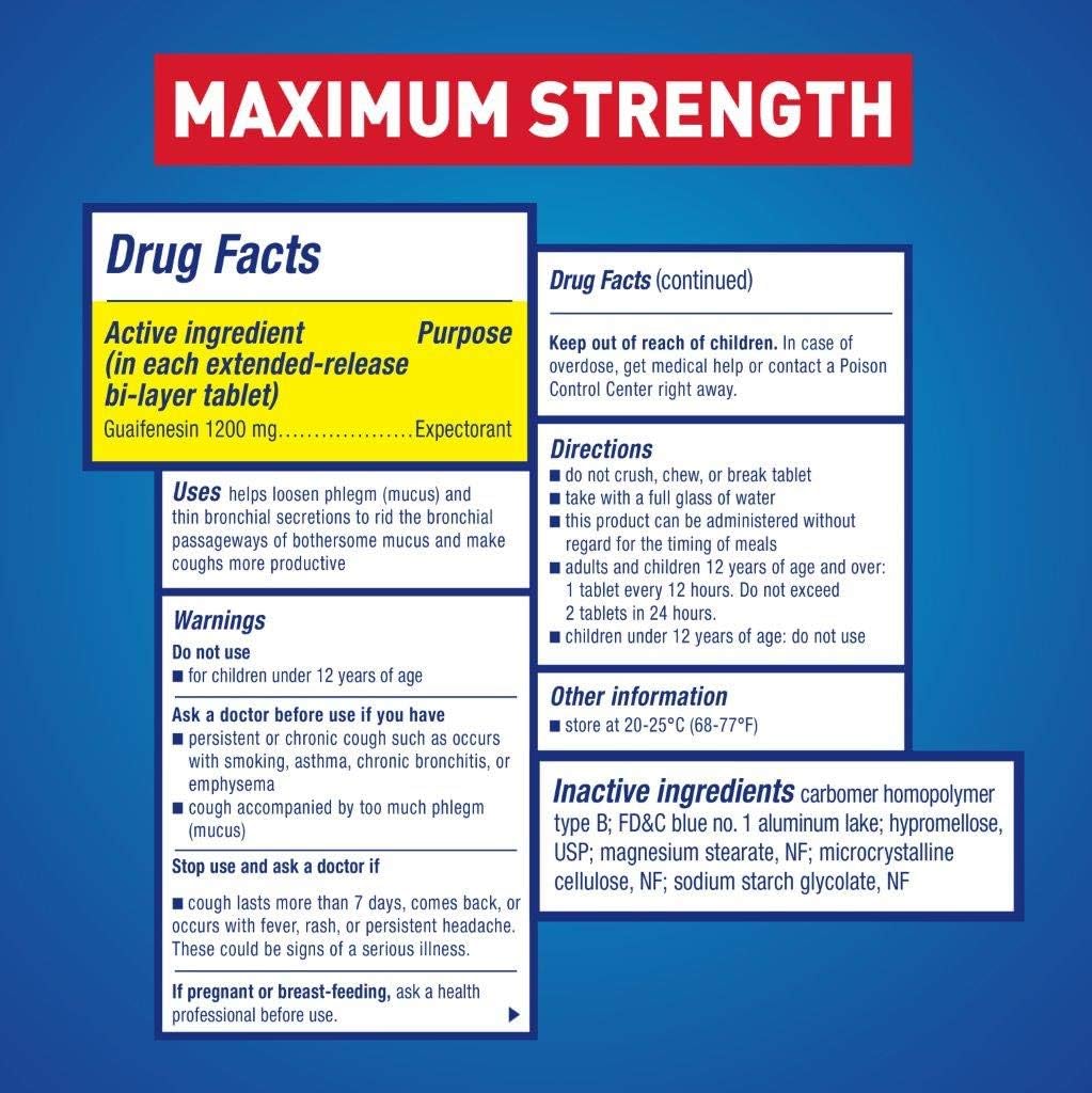 Chest Congestion, Mucinex Maximum Strength 12 Hour Extended Release Tablets, 42ct, 1200 mg Guaifenesin Relieves Chest Congestion Caused by Excess Mucus, #1 Doctor Recommended OTC expectorant
