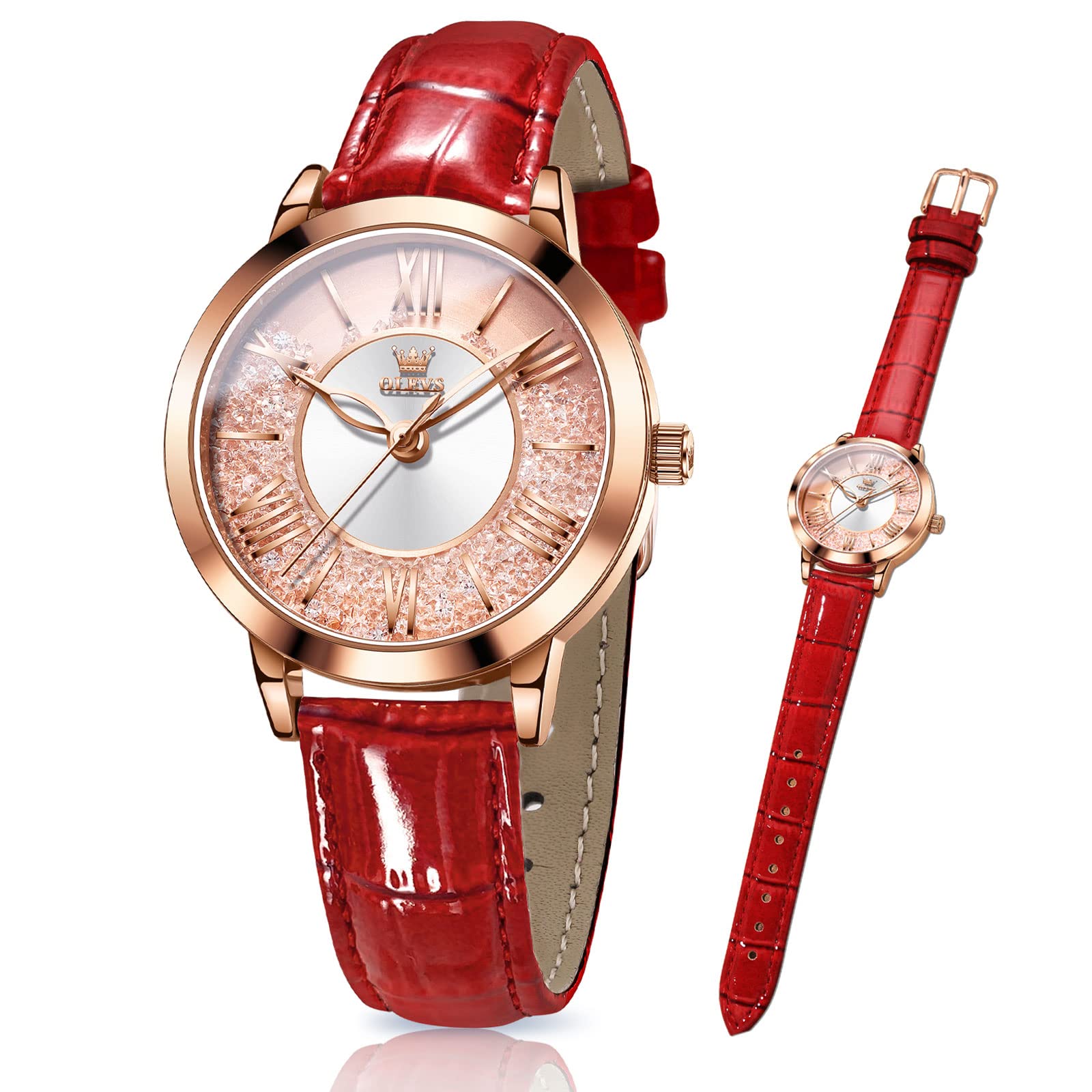 OLEVS Classic Leather Watches for Women, Business Dress Rhinestone Roman Numerals Ladies Watches, Waterproof Analog Quartz Womens Wrist Watches, Relojes para Mujer Pink, Red, White Leather Strap