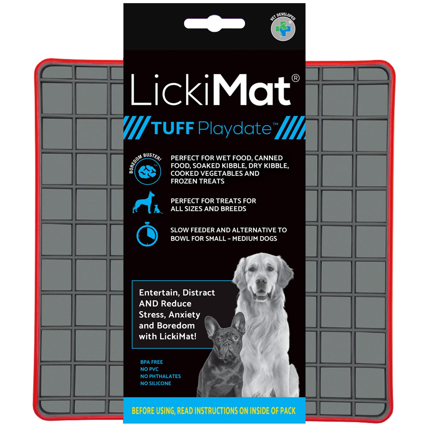 LickiMat Tuff, Heavy-Duty Playdate, Dog Slow Feeder Lick Mat, Boredom Anxiety Reducer; Perfect for Food, Treats, Yogurt, or Peanut Butter, Fun Alternative to a Slow Feed Dog Bowl, Red