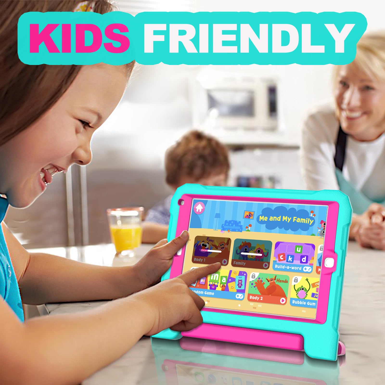 YIHE Kids Case for iPad 9.7 Inch with Screen Protector, Shockproof Handle Convertible Stand Case for iPad 9.7 6th/5th Generation 2018/2017, iPad Air 2/1& iPad Pro 9.7, Cyan&Pink