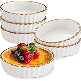 ONEMORE Ramekins 4 oz - Oven Safe Shallow Ramekins with Brown Rim for Creme Brulee - Speckled, Fluted, Set of 6