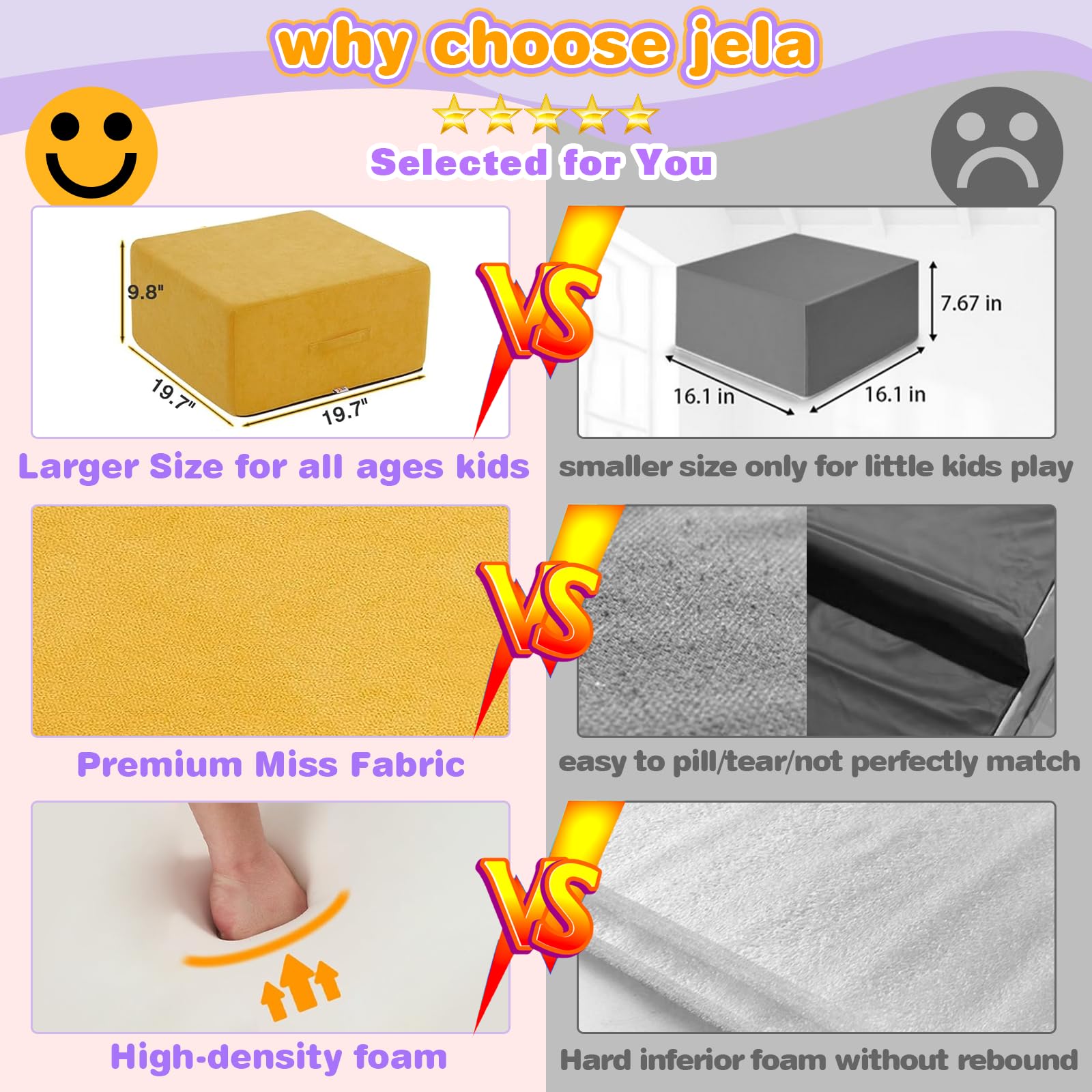 jela Kids Foam Climbing Blocks 6Pcs Soft Play Equipment Miss Fabric, Toddler Climbing Toys Indoor Soft Play Climbing Set, Lightweight Climbing Blocks for Toddlers, Crawling Foam Playset (Colorful)