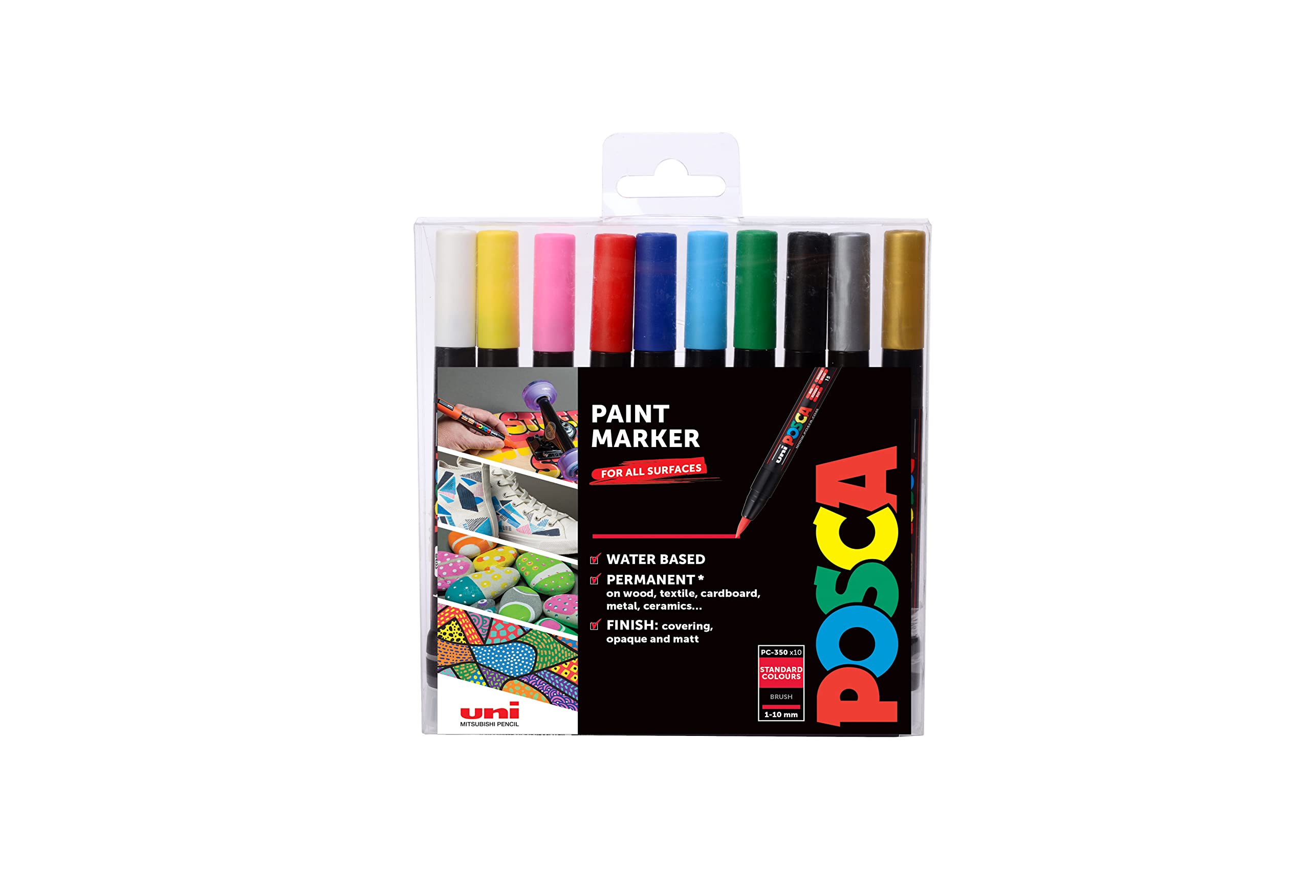 POSCA PCF-350 Water Based Permanent Marker Paint Pens. Premium Fine Brush Tip for Arts and Crafts. Multi Surface Use on Wood Metal Paper Canvas Cardboard Glass Fabric Ceramic Rock Pebble. Set Of 10