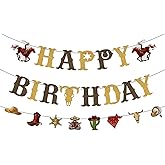 HIKIMA Western Happy Birthday Party Decorations, Gold Sequin Banner, 2-Piece Set, Wild West Theme, Indoor Use