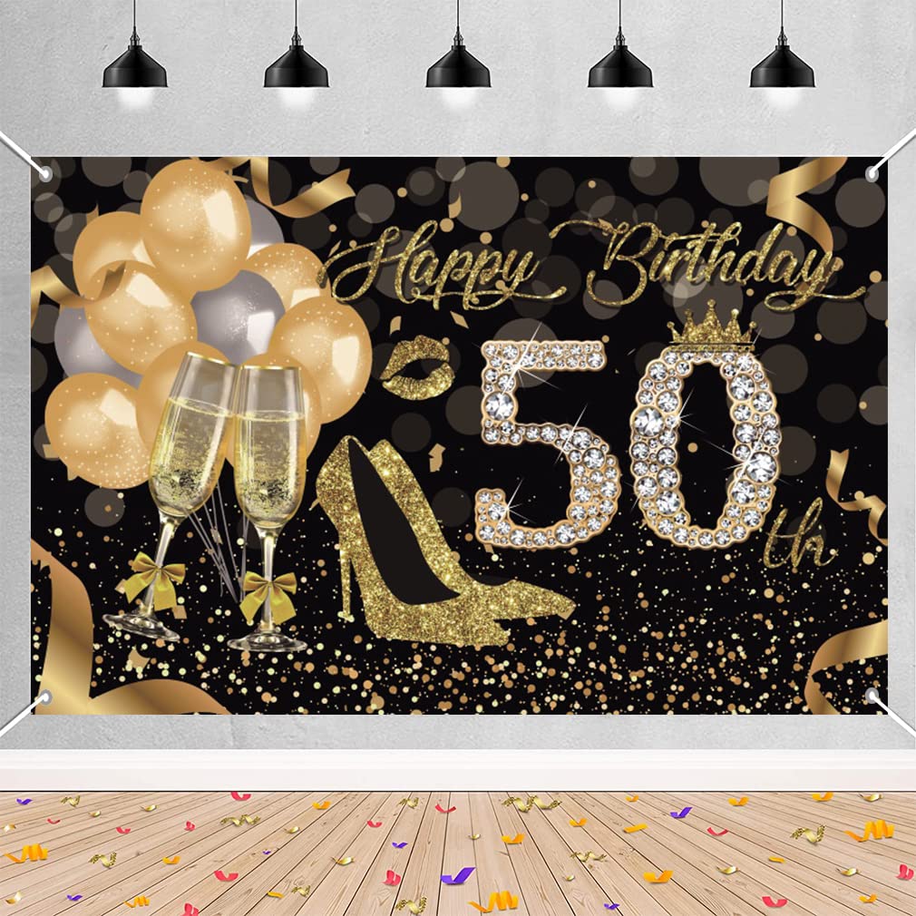 50th Birthday Decoration for Women Happy 50th Birthday Backdrop Party Background Shining Glitter Gold Spots Black and Gold Party Banner Photo Studio Props, 150 cm x 90 cm