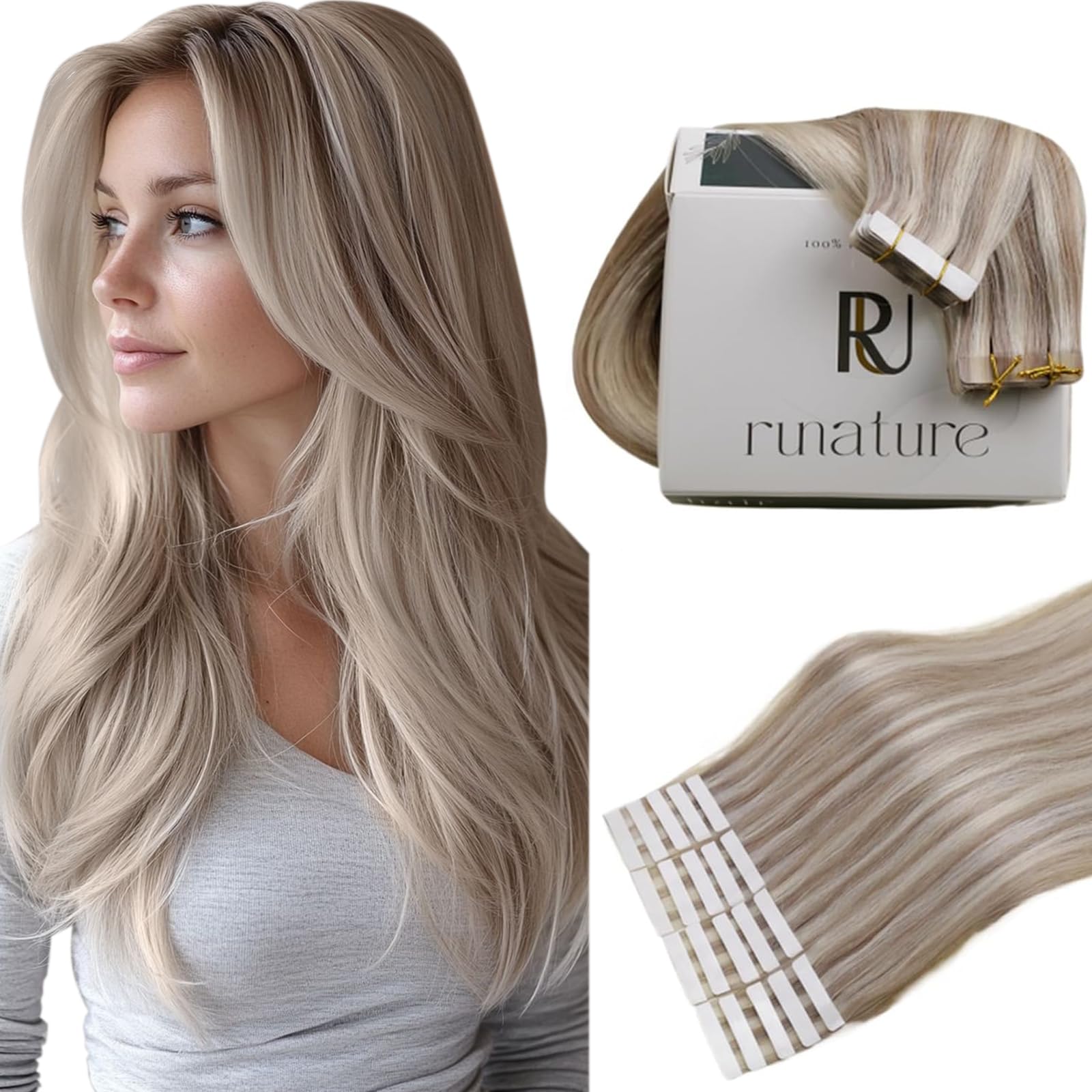 RUNATURE Tape Hair Extensions Real Human Hair Blonde Highlight Grey Blonde Tape in Hair Extensions Human hair Invisible Remy Straight Tape Hair 14 Inch 20 Pieces/50g #19AP60