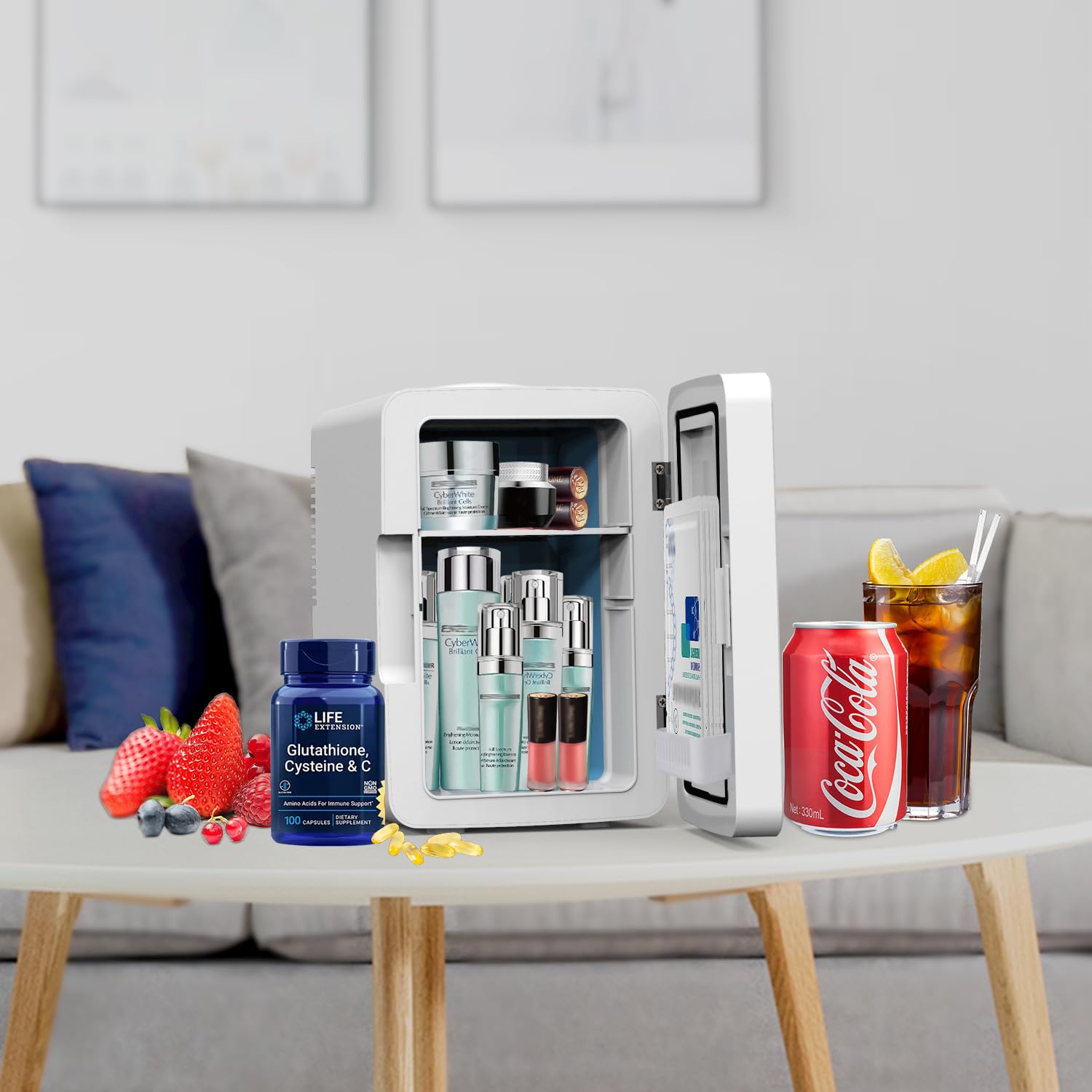 Living Enrichment Mini Fridge 6L Capacity, Skincare Fridge with Mirror, Portable Small Refrigerator Cooler or Warmer, AC DC Powered, for Drink Cosmetics, Skin Care, Bedroom Office Car, White