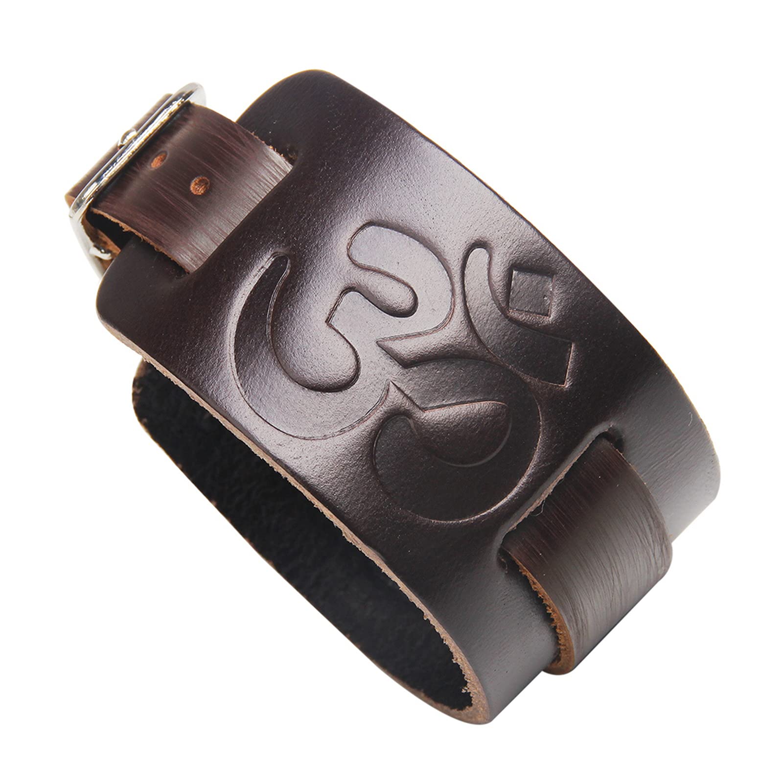 Thajaling Tibetan Buddhist Black Leather Six True Word Mantra Punk Style Wide Bangle Cuff Bracelet Strap Wristband for Men and Women