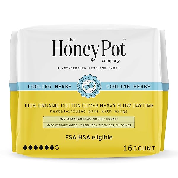 THE HONEY POT COMPANY – HERBAL SANITARY PADS FOR WOMEN – HEAVY FLOW W/WINGS – INFUSED W/ESSENTIAL OILS FOR COOLING EFFECT & ORGANIC COTTON COVER – FEMININE CARE – FSA & HSA – 16 CT