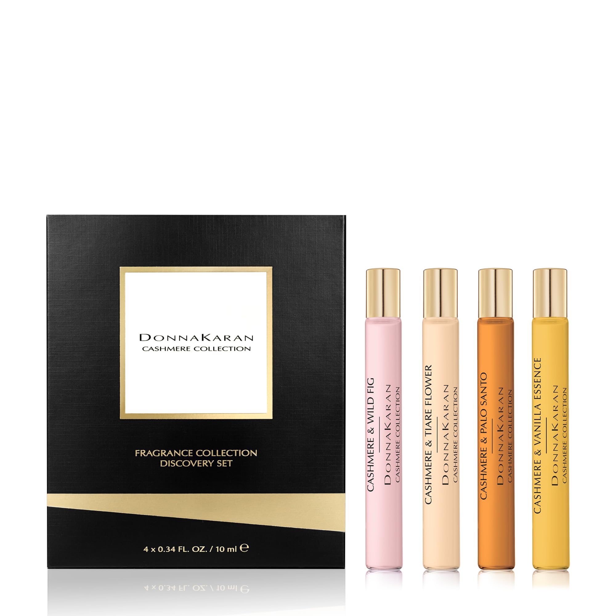 Donna Karan Cashmere Collection Eau de Parfum Purse Spray Discovery Set For Women (Palo Santo, Tiare Flower, Wild Fig, and Vanilla Essence) – 4 x 0.34 Fl. Oz.
