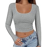 Buauty Women's Long Sleeve Square Neck Crop Tops, Ribbed Knit Slim Fitted Casual Basic Y2K Crop Top Tee Blouse Retro