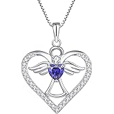 FJ Guardian Angel Necklace 925 Sterling Silver Heart Angel Wings Pendant Birthstone Jewelry for Women
