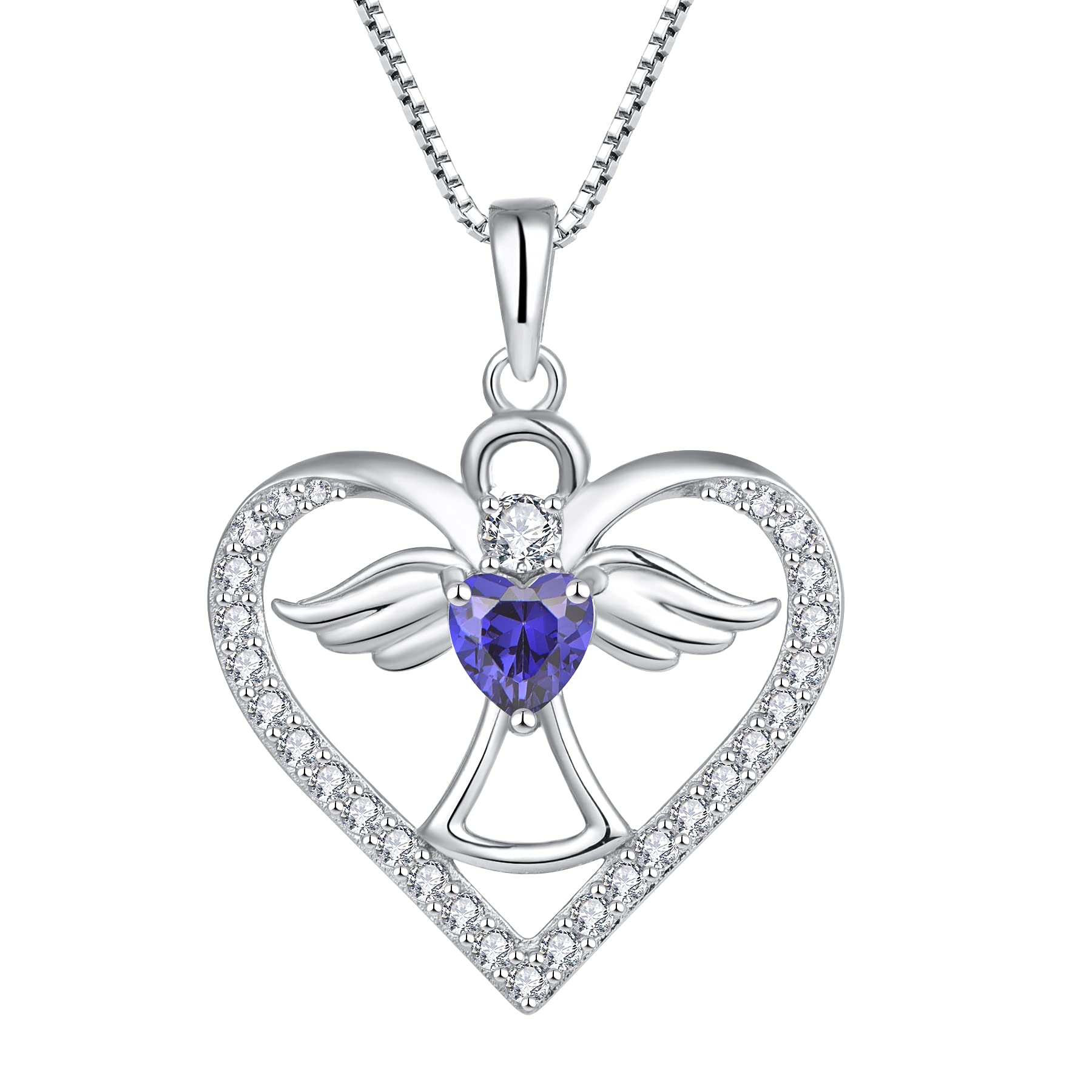FJ Guardian Angel Necklace 925 Sterling Silver Heart Angel Wings Pendant December Birthstone Necklace Tanzanite Jewellery for Women