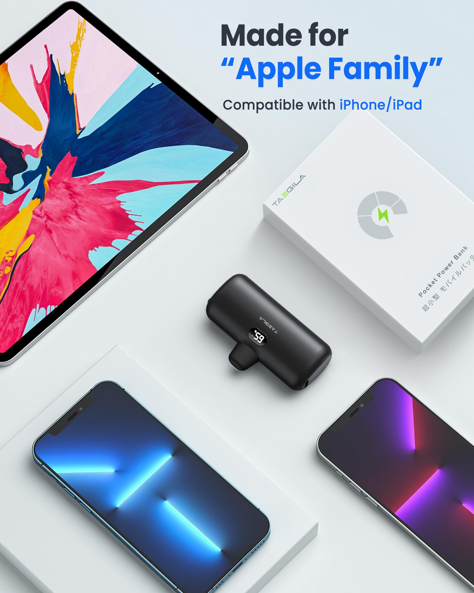 Taegila Portable Phone Charger for iPhone, 5000mAh Small Power Bank MFi Certified Built in Cable LCD Display & LED Light for All iPhone Series 14/13/12/11/XR/X/SE/8/7/6 Pro Max