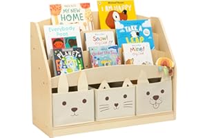 OOOK 3-Tier Kids Bookshelf with 3 Removable Fabric Storage Bins, Front Facing Toddler Montessori Bookshelf, Wooden Bookcase f