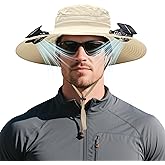 HAPYFMSHI Solar Fan Hat for Men, Wide Brim Sun Hat with 2 Built in Solar Fans, Waterproof UPF 50+ Outdoor Bucket Cap for Fishing Hiking Yard Work Khaki