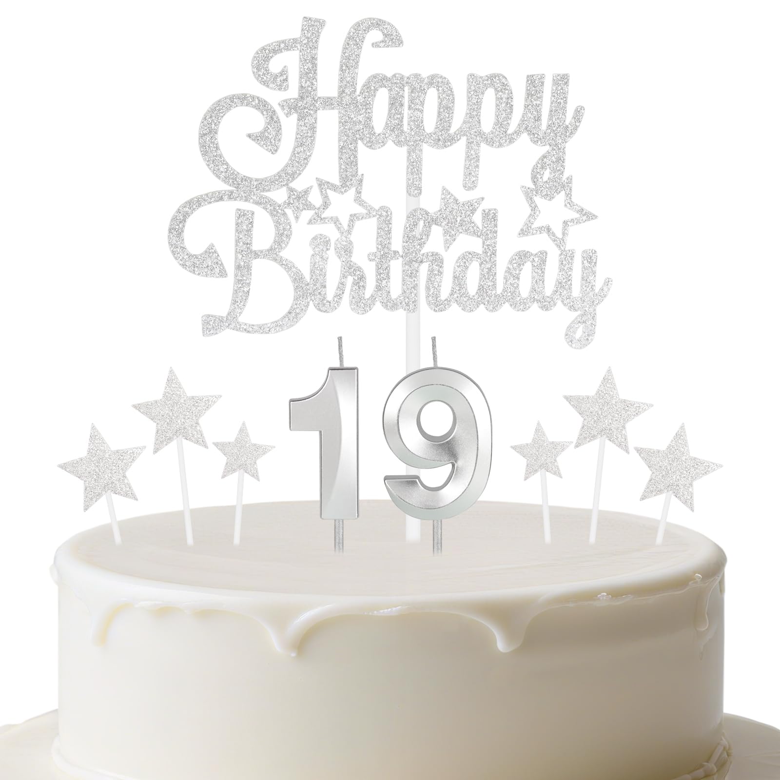 mciskin Silver Birthday Candles Set,Girl Boy 19th Birthday Decorations,Number 19 Candle for Cake,Silver Candles Cake Toppers with Star for Girls Boys Birthday Party Anniversary Decorations