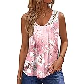 Womens Tank Tops Dressy Casual Summer Lace Sleeveless V Neck Tee Shirts Pleated Front Buttons Blouses