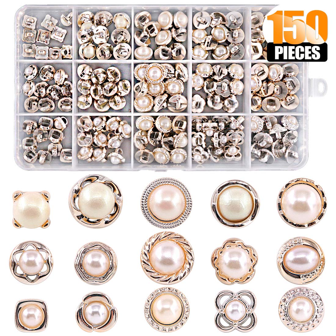 Rustark 150 Piece Assorted Pearl Buttons Resin White Pearl Shank Button 8mm 10mm 11mm Vintage Sewing Button Come with Storage Case for Crafts, Clothes, Wedding Dress and DIY Project
