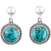 DEVMUKTI 925 Sterling Silver Studs, Genuine Copper Turquoise Gemstone Earrings, Handmade Desinger Bohomian Jewelry, December Birthstone, Elegant Statement Fashion Stud Earring, Christmas Day Gift
