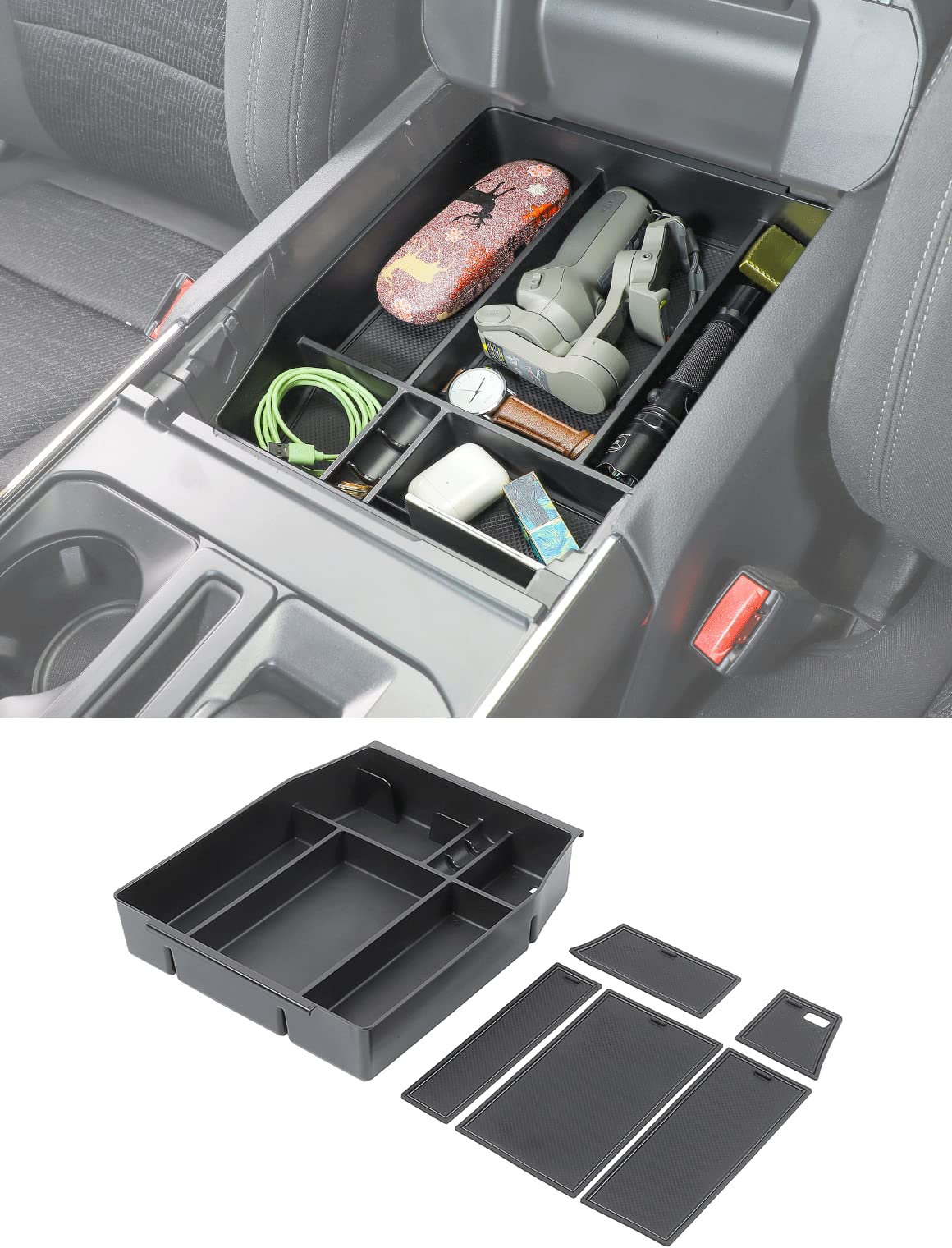 Photo 1 of Savadicar Center Console Organizer Compatible with 2015-2025 Ford F150 (Not Fits 40/20/40 Jump Seat Console), ABS Armrest Insert Storage Tray With Liner Pad, Interior Accessories, Black
