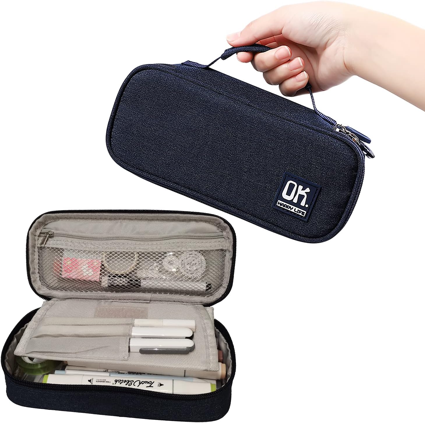 GALASALA Pencil Case Large Big Capacity Pencil Bag Pouch Holder Portable Makeup Bag Office Stationery Storage Case School Supplies Suitable for School College Students Girls Boys Gift (Blue)
