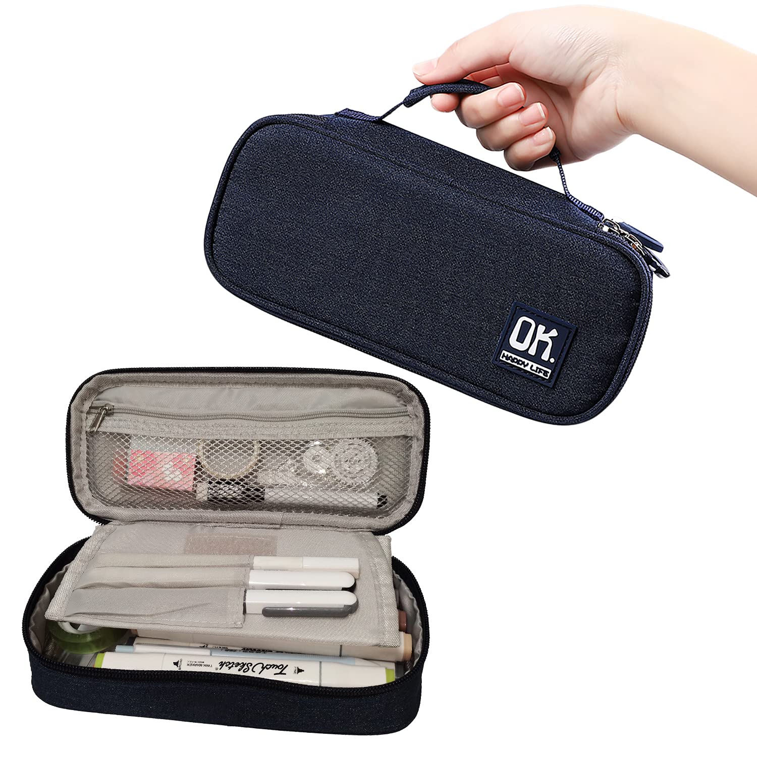 GALASALA Pencil Case Large Big Capacity Pencil Bag Pouch Holder Portable Makeup Bag Office Stationery Storage Case School Supplies Suitable for School College Students Girls Boys Gift (Blue)