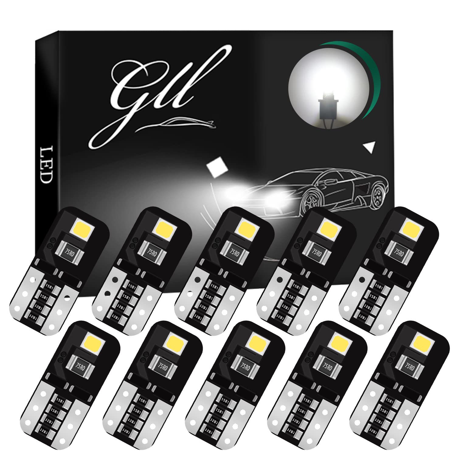 GLL 10PCS T10 LED Bulbs, W5W 501 Wedge Bulbs, Super Bright 130LM 6500K Xenon White, 12V Canbus Ready Error Free for Most Vehicles, Car Interior Dome Map License Plate Side Lights