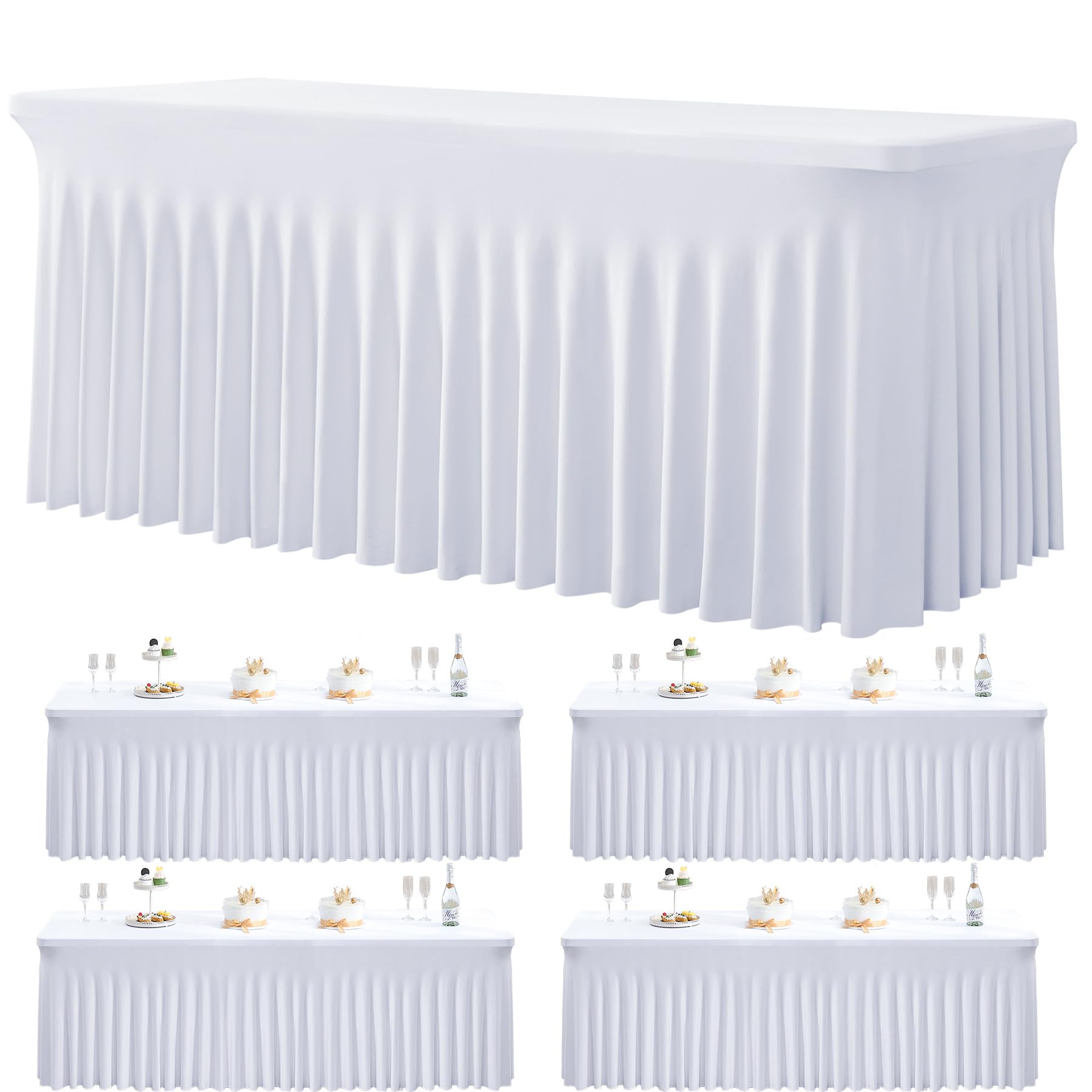 Photo 1 of 4 Pack White Spandex Tablecloths for 6 Foot Rectangle Tables, Wrinkle Free Stretchy Table Cloths 6ft Fitted Table Cover DeskSkirt for Weddings Birthday Party Banquet Baby Shower