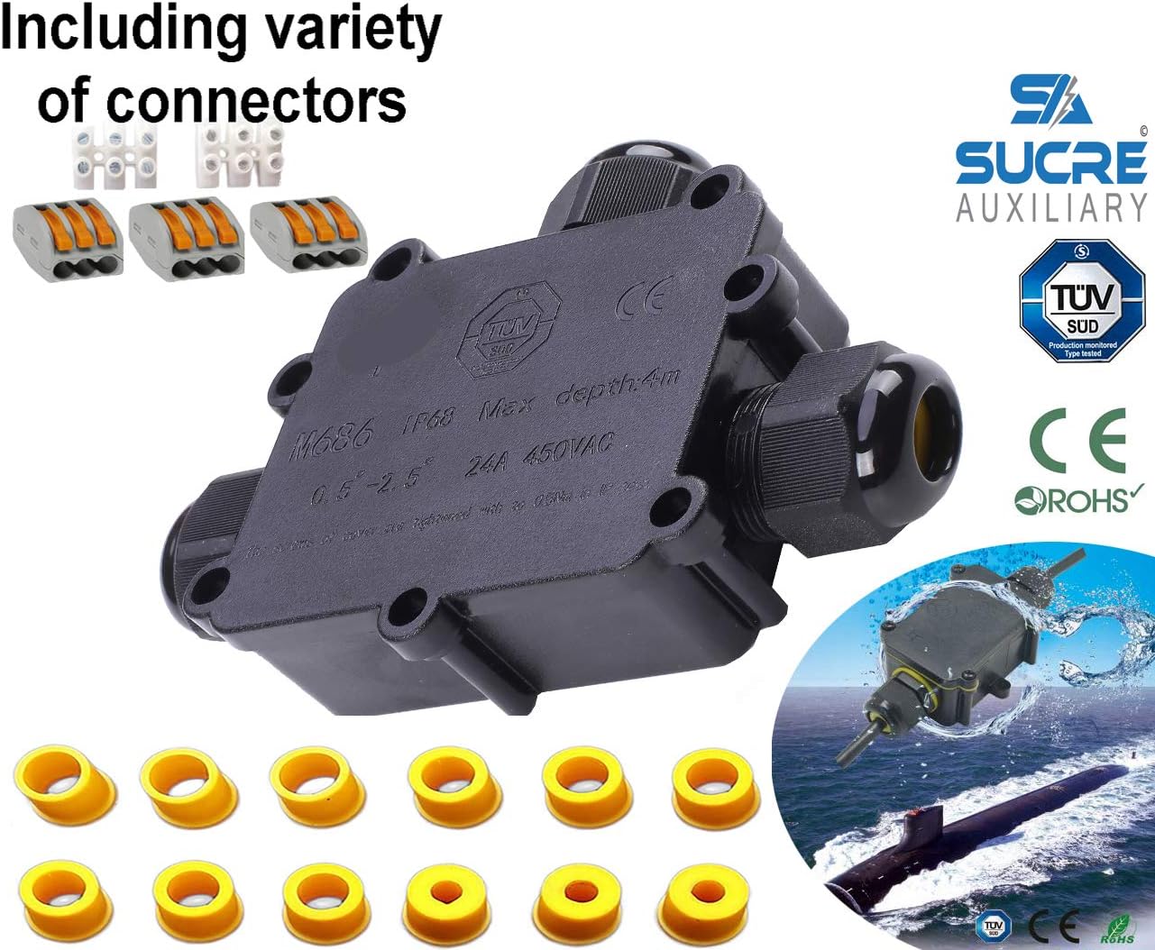 Sucre Auxiliary ® 24A 450V 3 Way T Shape IP68 Waterproof Electrical Cable Wire Connector Junction Box UK (4-14mm)