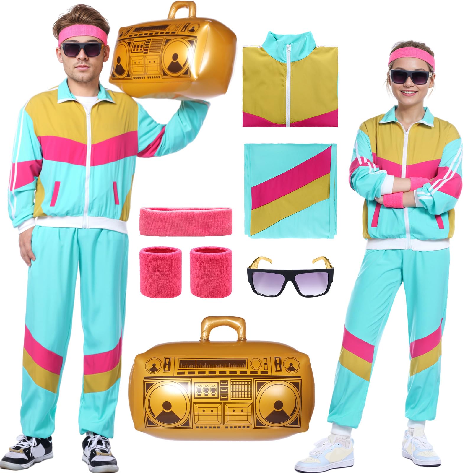Metaparty 80s Fancy Dress Costume Unisex,80s Shell Suit Costume,90s Shell Suit Fancy Dress,Fashion Retro Tracksuit Outfit,90s Fancy Dress Costumes with Headband Wristbands Glasses (Light Green, XXL)