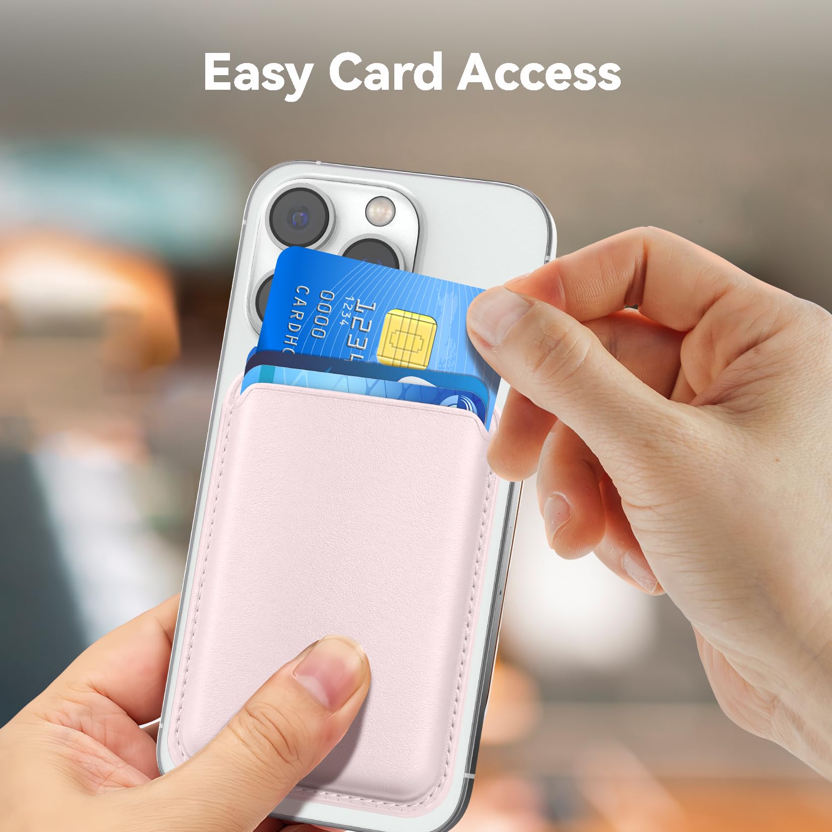 Magnetic Mag-safe Wallet Cell Phone Card Holder for Phone Case with Mag-Safe, Stronger Magnetic RFID Leather Phone Wallet Stick on Series of iPhone 15/14/13/12 and Pro/Promax, Light Pink