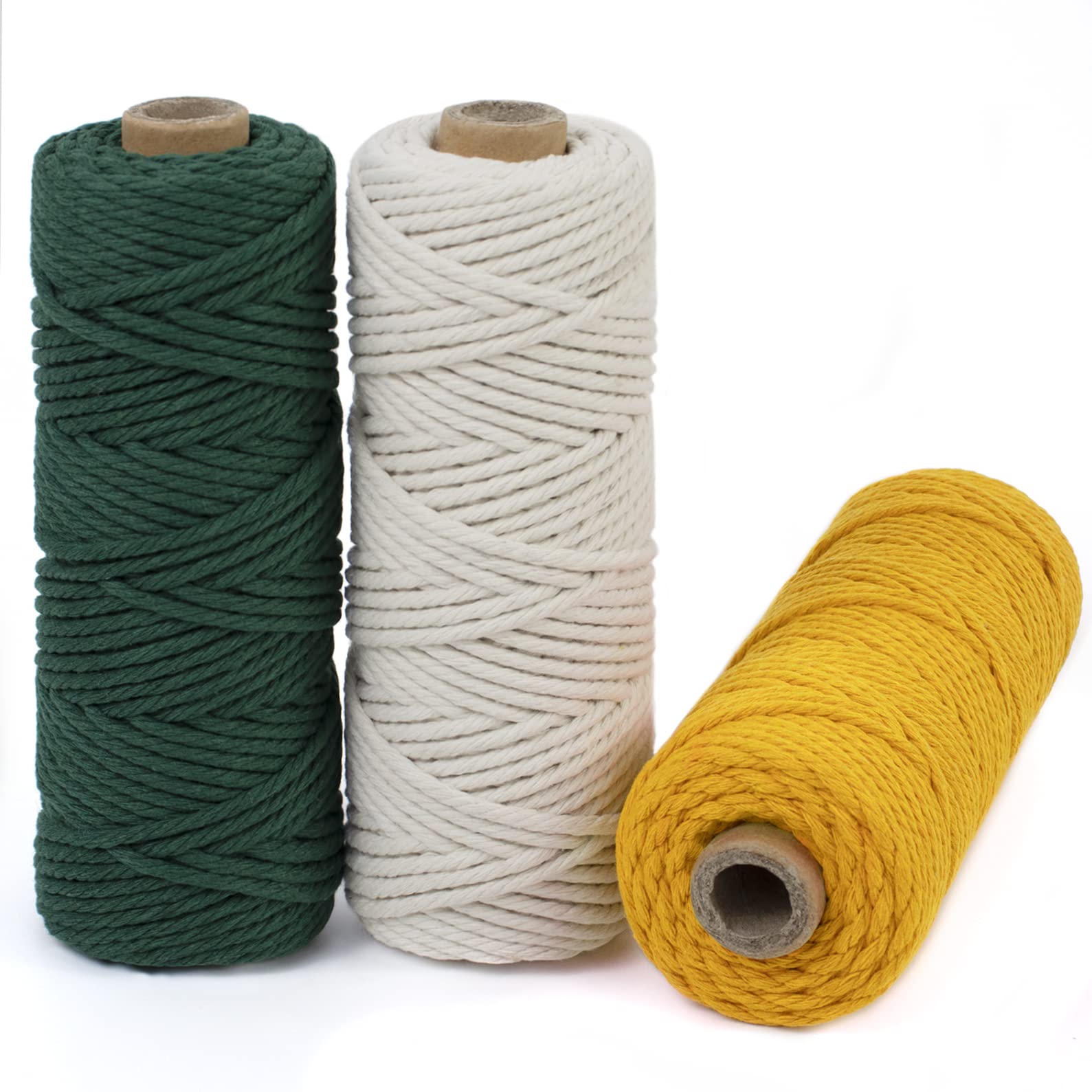 LEREATI Macrame Cord 3mm Set, 150m Thick Cotton Rope Yarn, 4 Strand Twisted Soft String for Crafts, Plant Hanger, Wall Hanging, Gift, DIY, Home Decoration (3 Color K), K) Dark Green, Natural, Golden