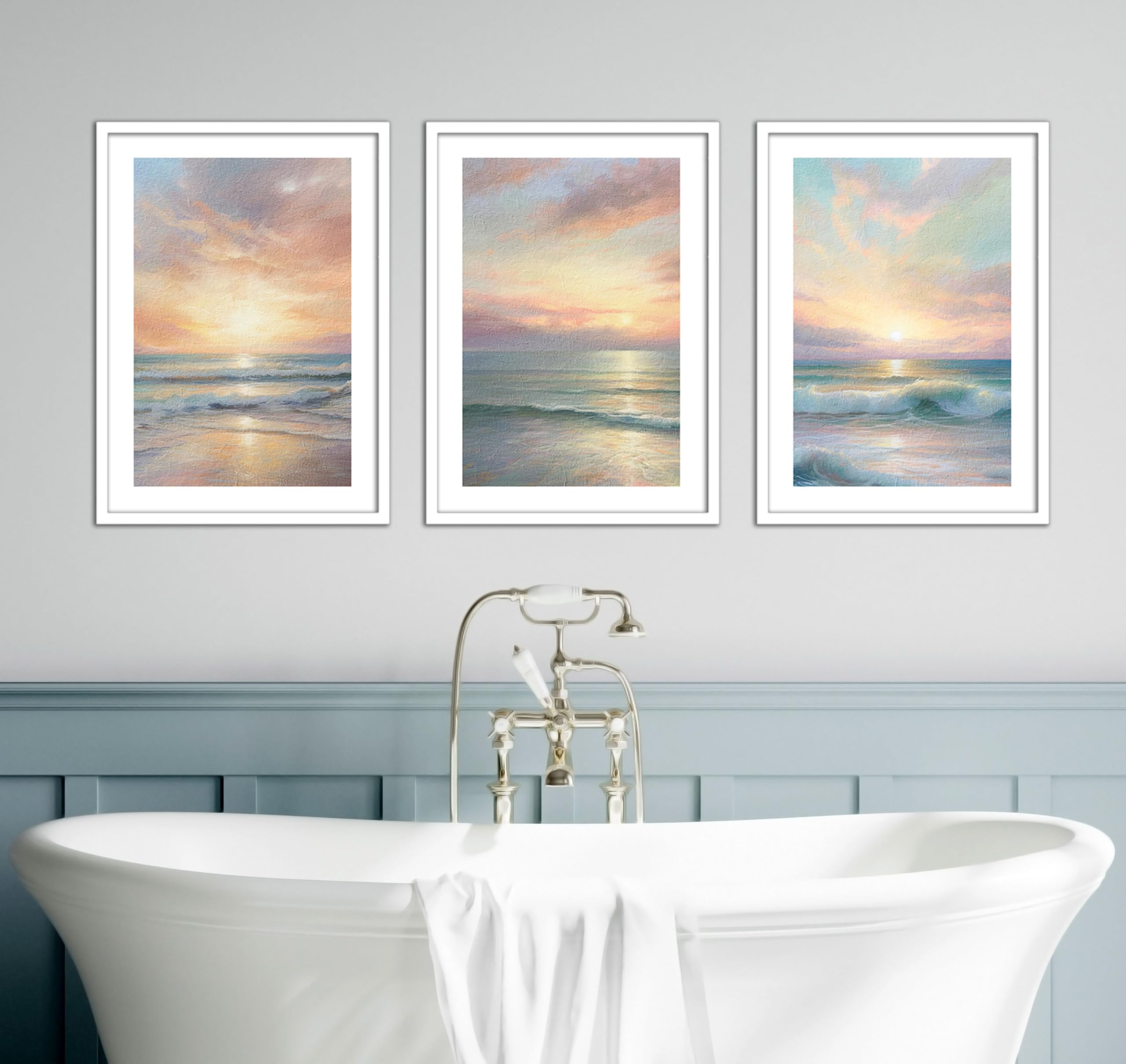 Eviepops Prints Texture Style Calm Ocean Sunrise Set of 3 Unframed Wall Poster Prints, Bathroom Bedroom Lounge Kitchen Home Décor, Tranquil Ocean Landscape (A3) — image 1