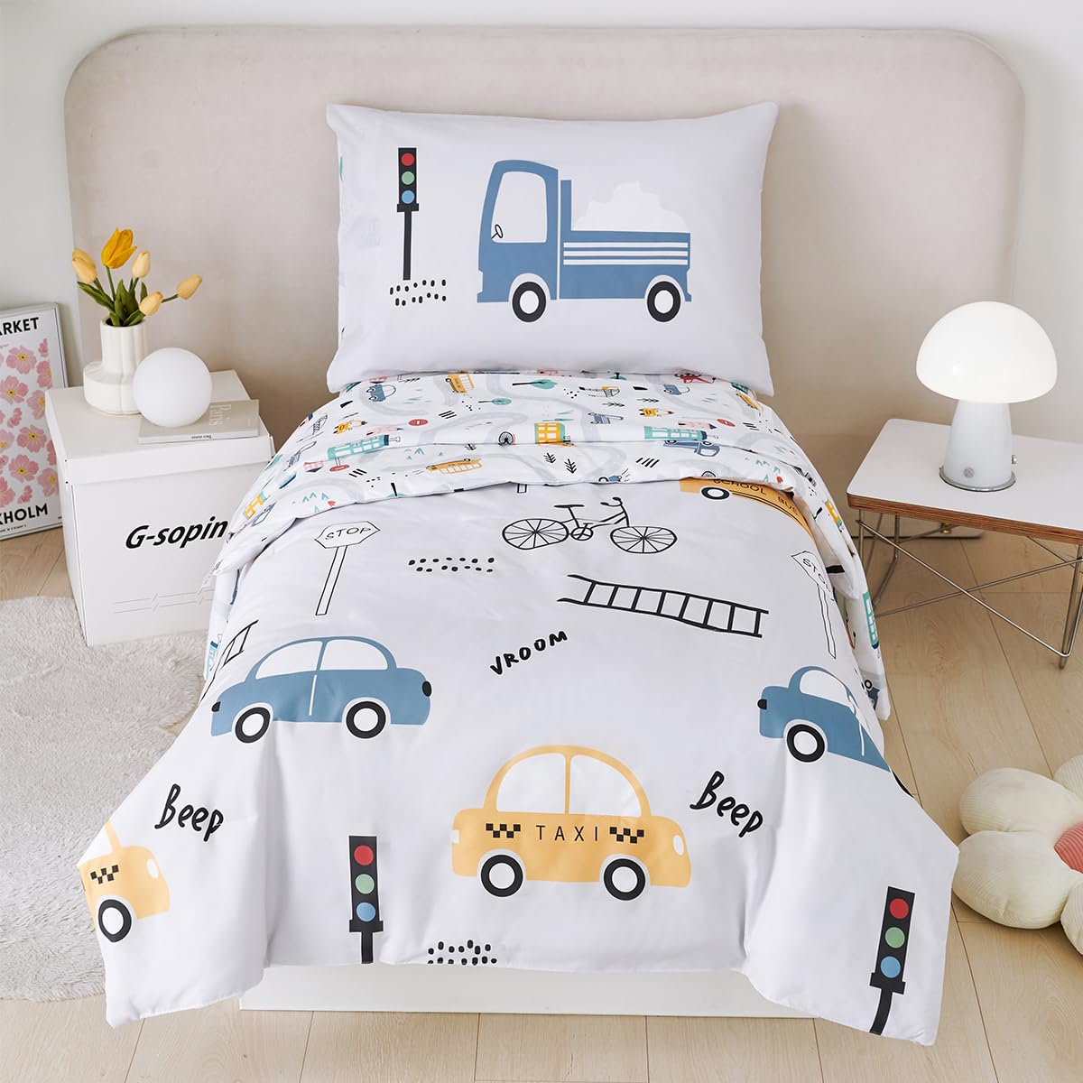 STYHO Duvet Cover Sets Double Reversible Light Grey Taxi Cars Bedding Ultra Soft Microfiber Vehicles Kids Duvet Bedding Set for All Season(Light Grey, Double) — image 1