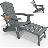 THOEOE Folding Adjustable Adirondack Chairs with Ottoman & 1 Cup Holders, HDEP Multifunctional Adirondack Chair with Footrest,Grey