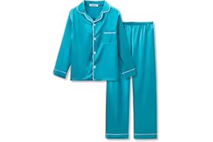 Beezizac Little & Big Girls Pajama Set Size 6-16 -Pink/Blue/Turquoise/Peach Satin Silky Cute Fall Winter Long Outfit