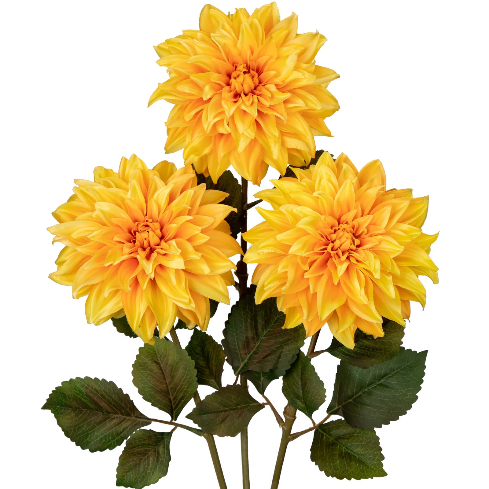 Hollyone 7.5'' Large Artificial Dahlia Flowers with Long Stems, 3pcs Yellow Fake Flowers Faux Dahlias, Decorative Floral Arrangements for Home Decor, Living Room, Kitchen, Wedding, Party Decorations