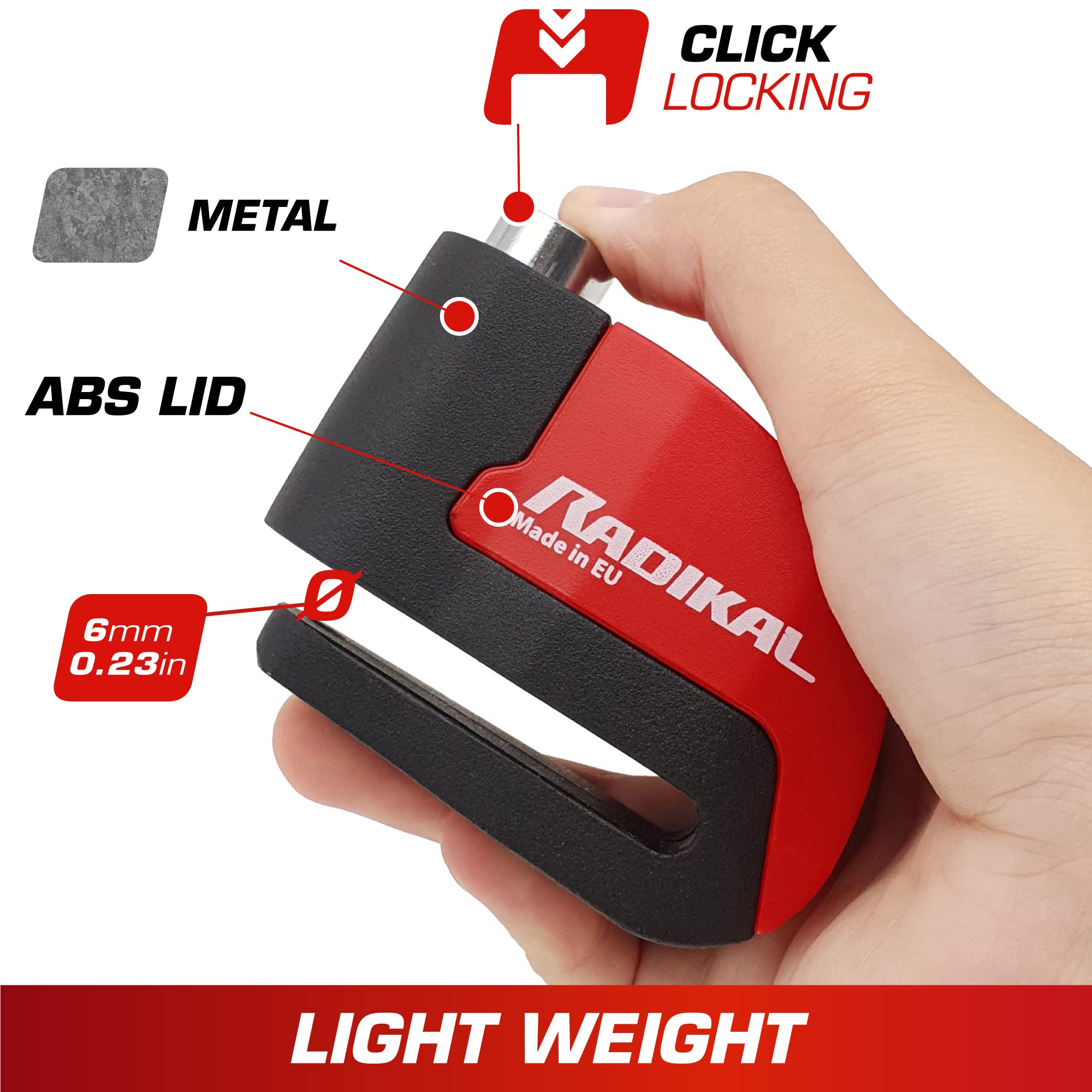 RADIKAL RK6 Disc Lock Alarm, Hi-End 120db Alarm, ON/Off Button, Warning LED, Waterproof Metal, Lithium Battery, Universal Anti Theft Wheel Brake Lock for Motorcycle, Scooter, Bike, Electric Scooter