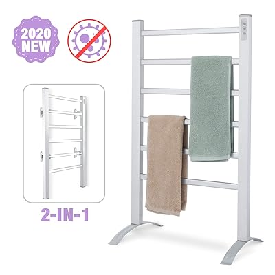 DAILYLIFE Towel Warmer 6 Bar 90W 2-in-1 Freestanding &amp; Wall Mounted Heated Drying Rack, Built-in Timer with Led Indicators, 3 Timer Modes: ON/Off, 2H, 4H, Aluminum Frame Home Bathroom Space Saving