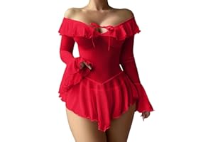 Ausing Women's Sheer Mesh Lingerie Set Ruffle Long Sleeve Dress Sexy Off Shoulder Babydoll Nightgown with Thong