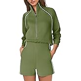 SENSERISE Womens Long Sleeve Romper One Piece Jumpsuits Mock Neck Wide Leg Shorts Fall Outfits with Zipper & Pockets