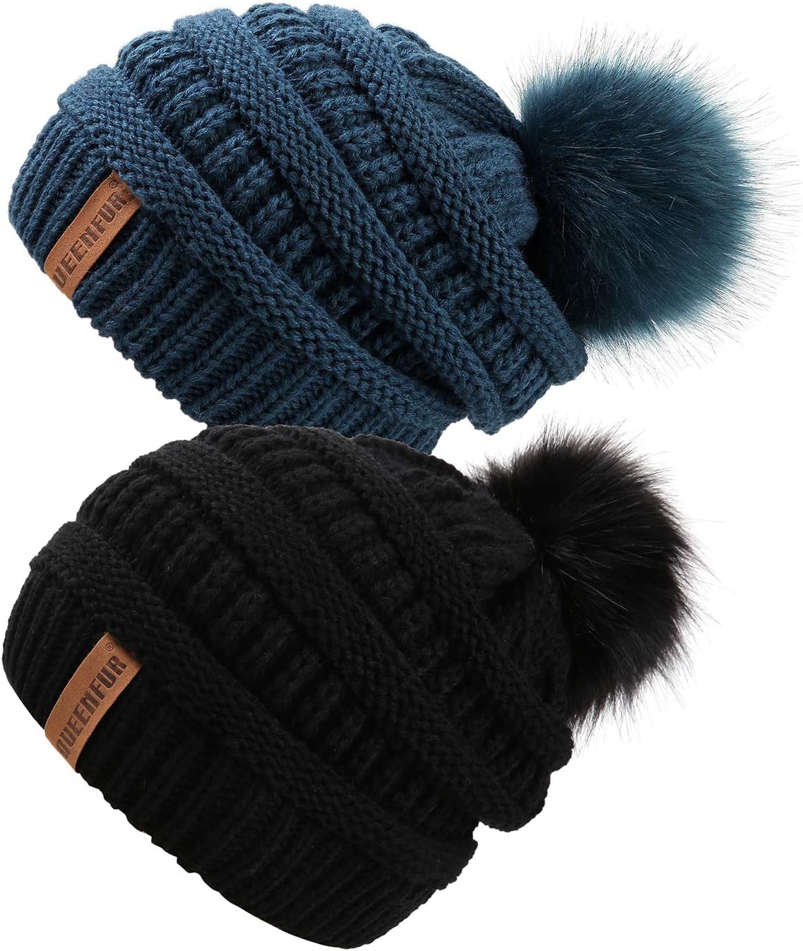 QUEENFUR Women Knit Slouchy Beanie Chunky Baggy Hat with Faux Fur Pompom Winter Soft Warm Ski Cap
