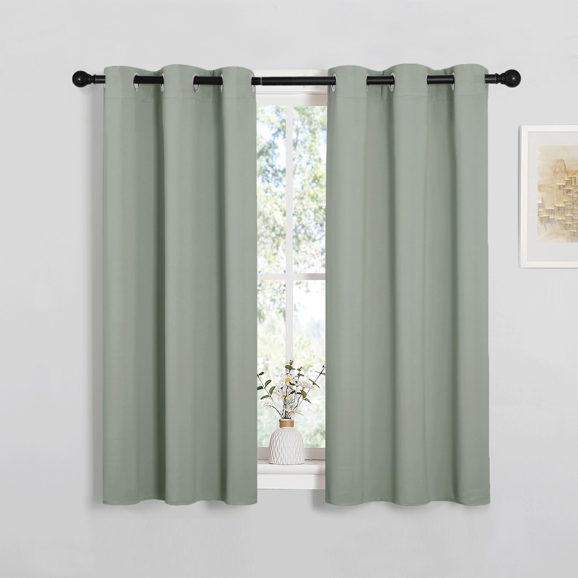 PONY DANCE Sage Green Blackout Curtains for Kids Bedroom Kitchen Eyelet Short Thermal Insulated Curtains & Drapes for Small Windows Soundsproof Privacy Window Treatment, W 34" x L 45", 2 Panels