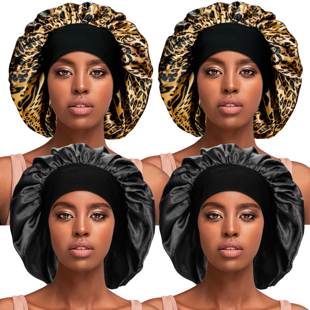 4 Pieces Silky Sleep Bonnet for Curly Hair, Large Women Hair Bonnets Satin Sleeping Cap Night Cap for Women Hair Care