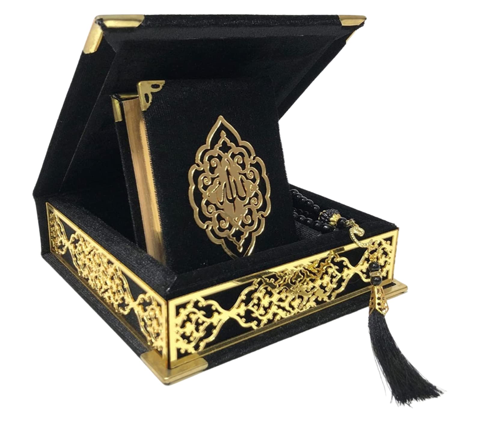 Prien Velvet Quran Pearl Prayer Bead Set, Islamic Gifts for Eid Ramadan, Portable Box, Muslim Home Decor, Figured Gift Boxes Tasbih, Cute Mawlid for Umrah, Mosque, Praying, Special day (Black)