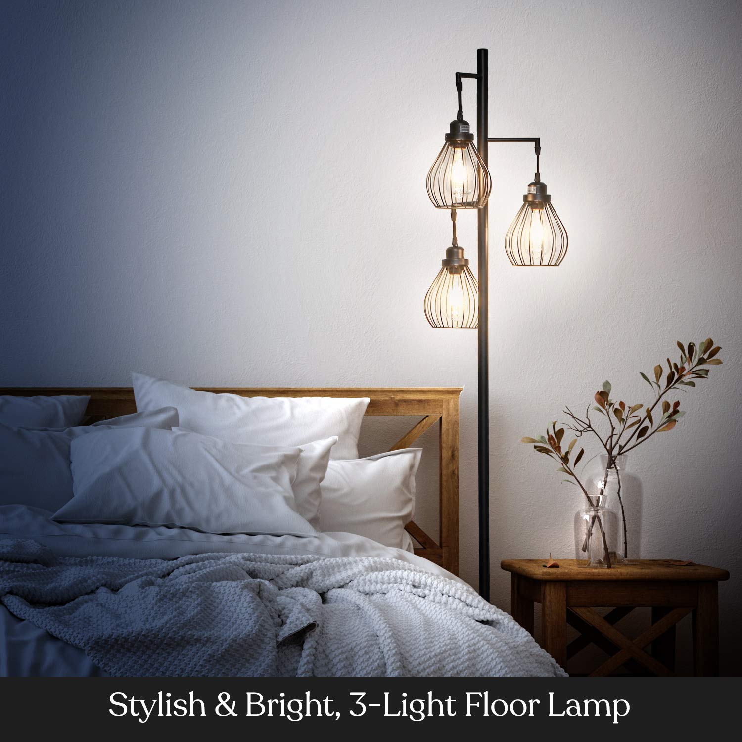 Brightech Teardrop LED Floor Lamp – Tree Standing Lamp with 3 Elegant Cage Heads & Edison Bulbs – Standing Lamp for Living Rooms & Offices – Tall Standing Lamp Ideal for Bedroom Reading – Black