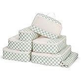 Narwey 7 Set Checkered Packing Cubes for Travel Kids Women, Durable Packing Organizer Bags for Carry on Suitcase Luggage Travel Essentials Accessories (Mint Green Checkerboard)