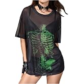 Floerns Women's Short Sleeve Skeleton Sheer Mesh T Shirt Rave Tops | Sexy Drop Shoulder, See Through, Blouse Tops, Halloween Rock Concert, Y2K Gothic Rave Outfits